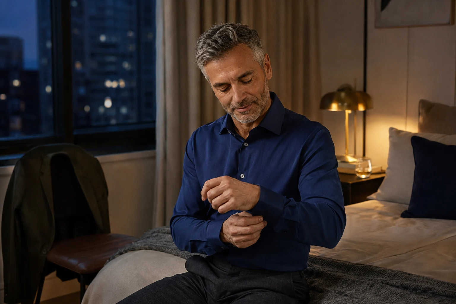 A mature man fastening his blue shirt cuff before an evening out