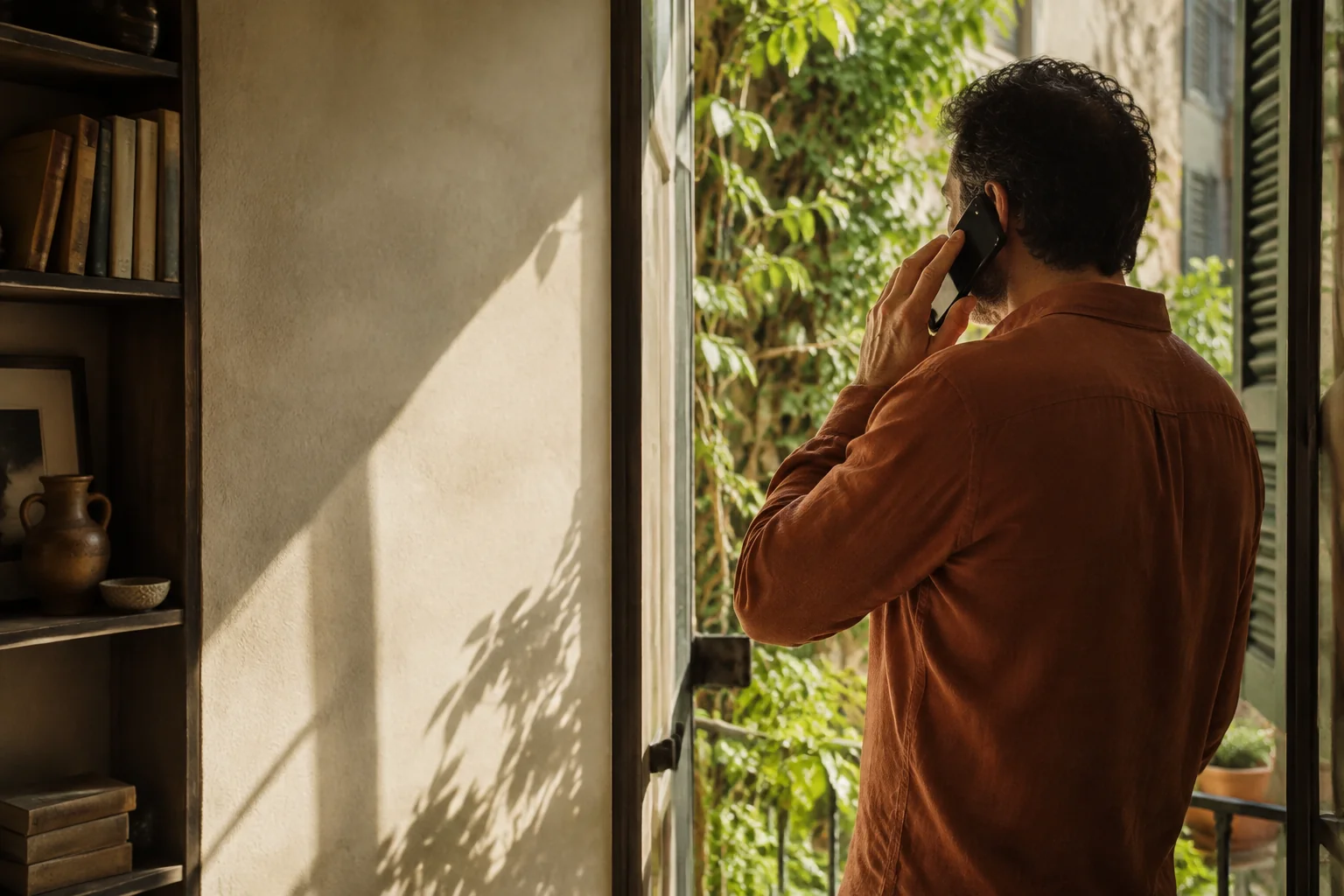 Man having a phone conversation beside an open balcony door