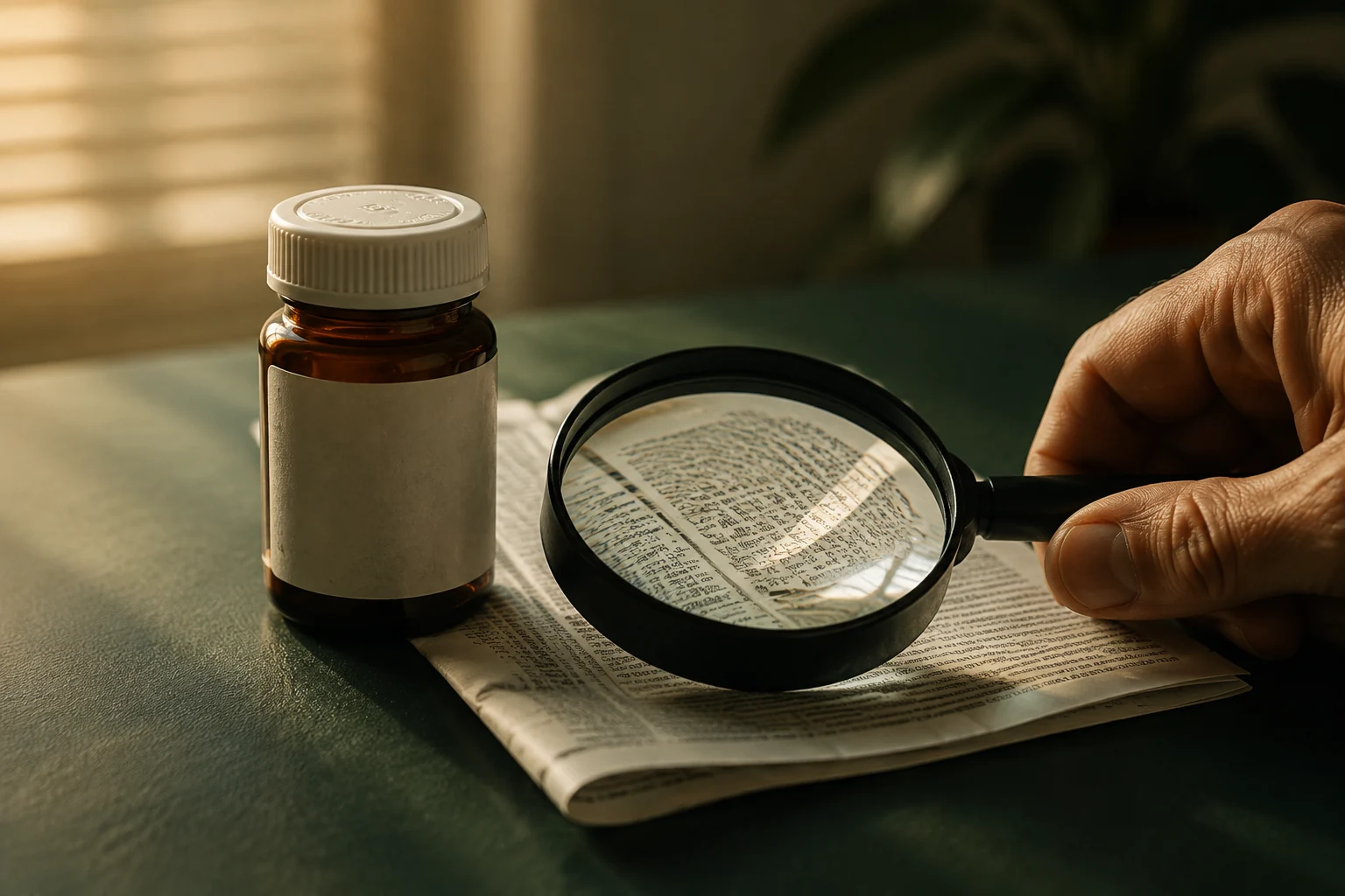 Hand holding a magnifying glass over medicine information beside a closed amber bottle
