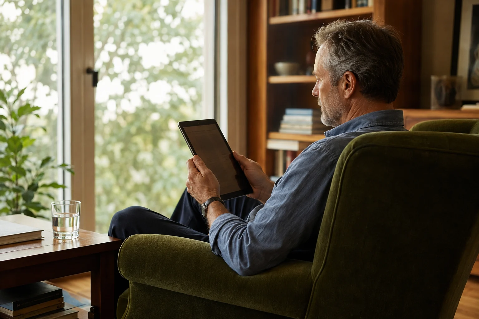 Adult reader using a tablet beside a window in a green armchair