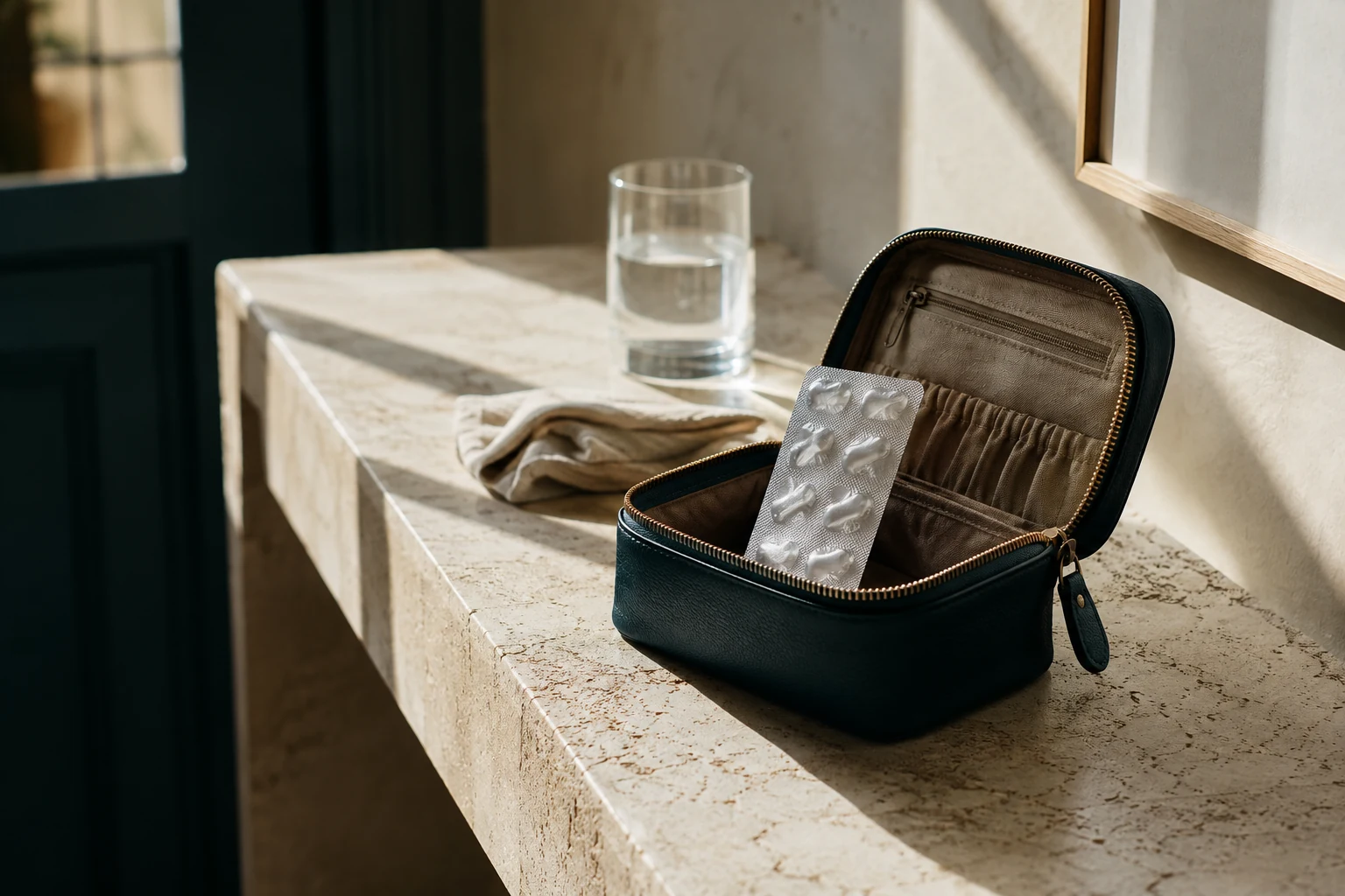 Intact silver blister beside an open teal medicine pouch on a sunlit stone console