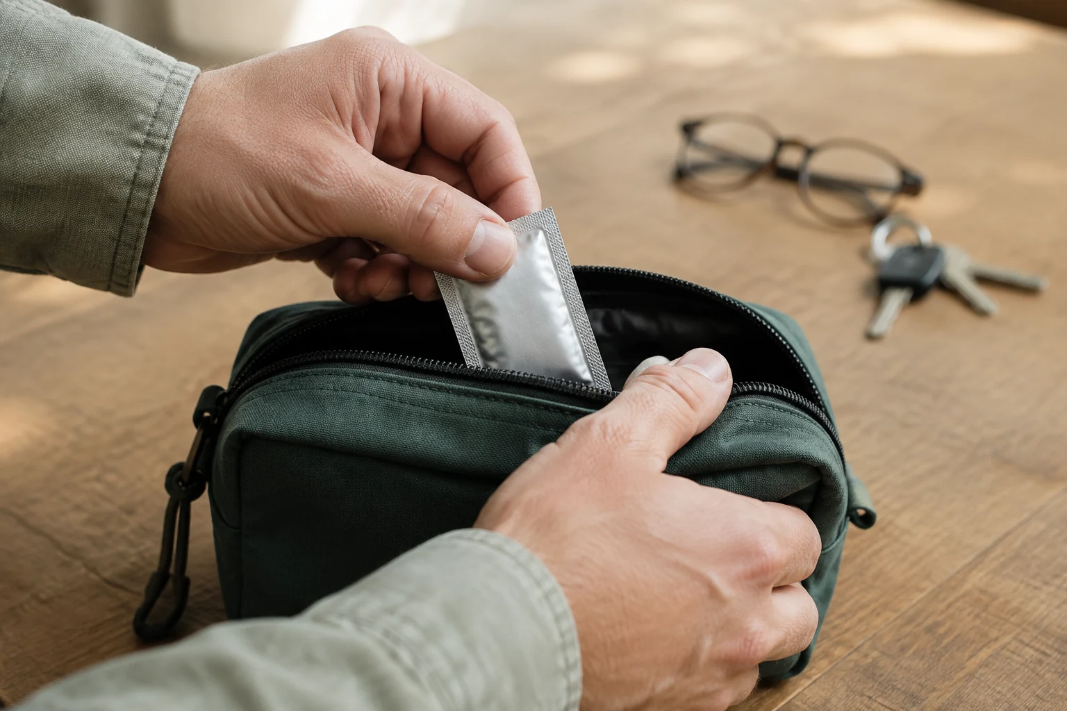 Hands placing an intact foil sachet inside a green travel pouch