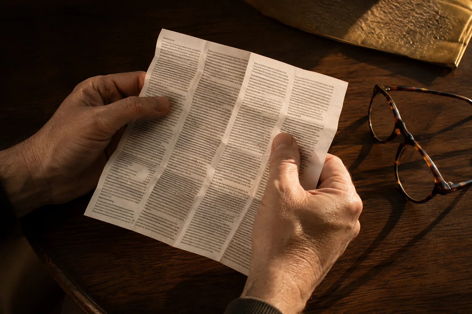 Hands unfolding a medicine information leaflet beside amber reading glasses on a walnut table