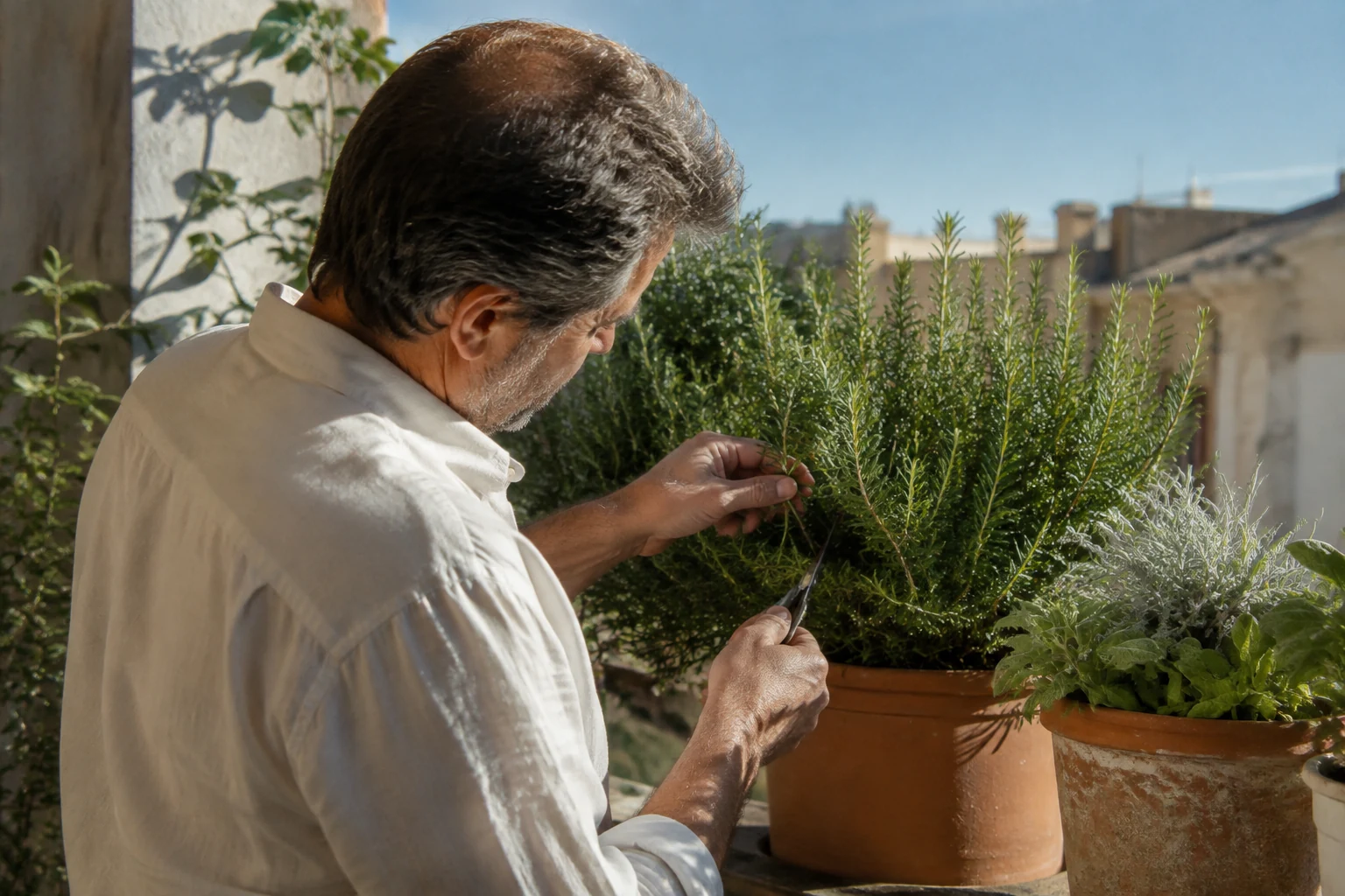 Man quietly tending rosemary in terracotta pots on a sunlit balcony