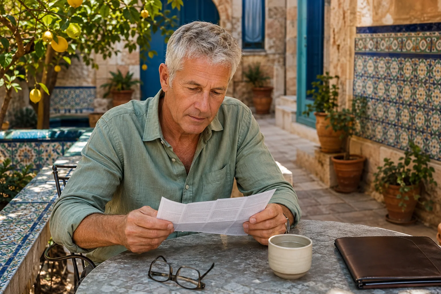 Mature man reading a medicine leaflet at a sunlit tiled courtyard cafe