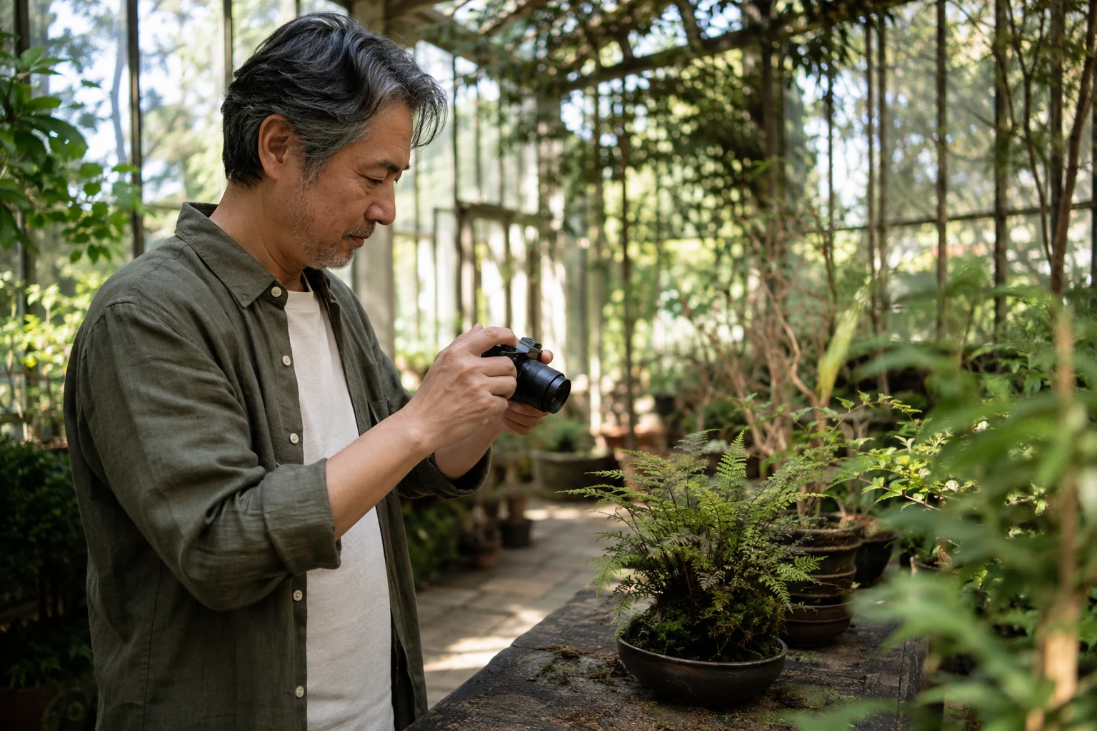 A man photographing ferns during a quiet visit to a glass conservatory