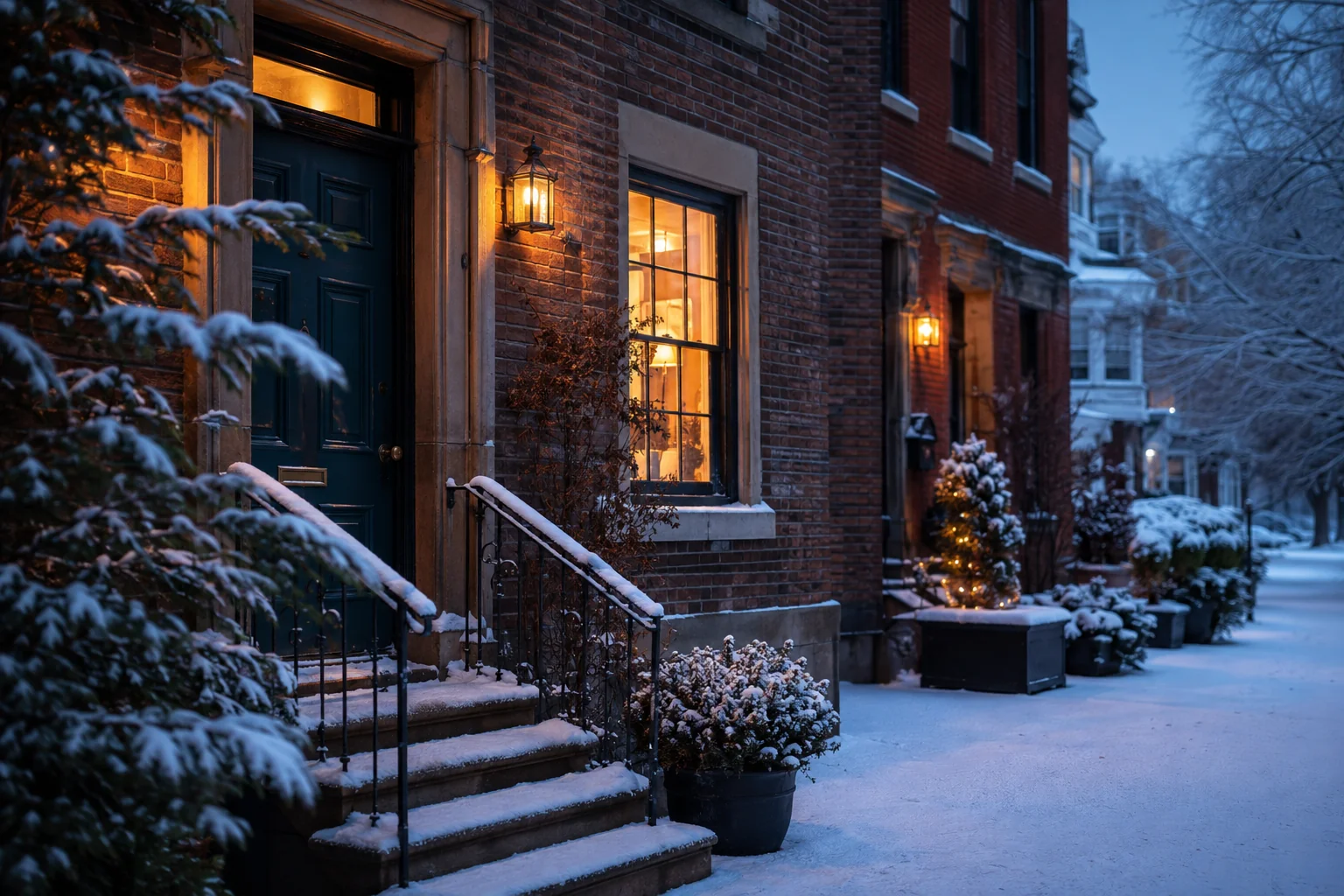 Snow-covered brick homes with warm windows at blue hour