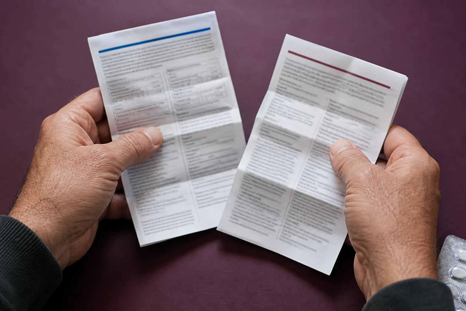 Hands holding two folded medicine leaflets above a plum tabletop