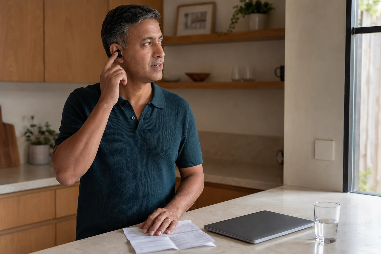 A mature man using an earbud for a remote support call at his kitchen counter