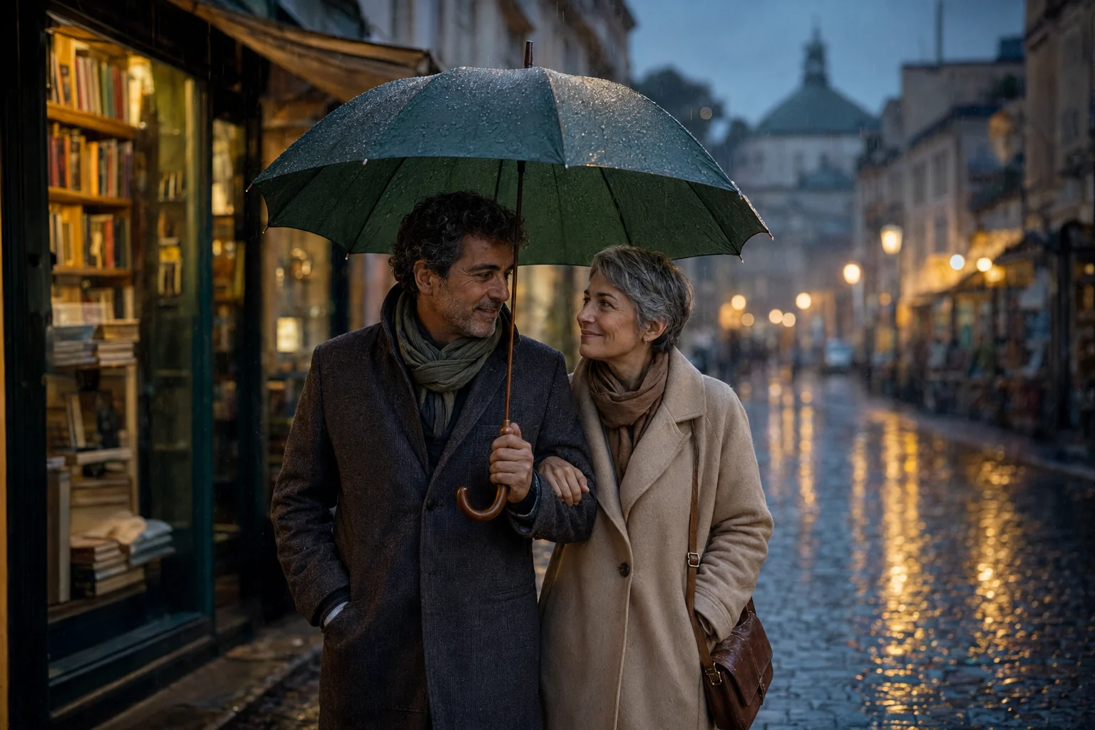 A mature couple sharing an umbrella on a rain-washed street outside a bookshop