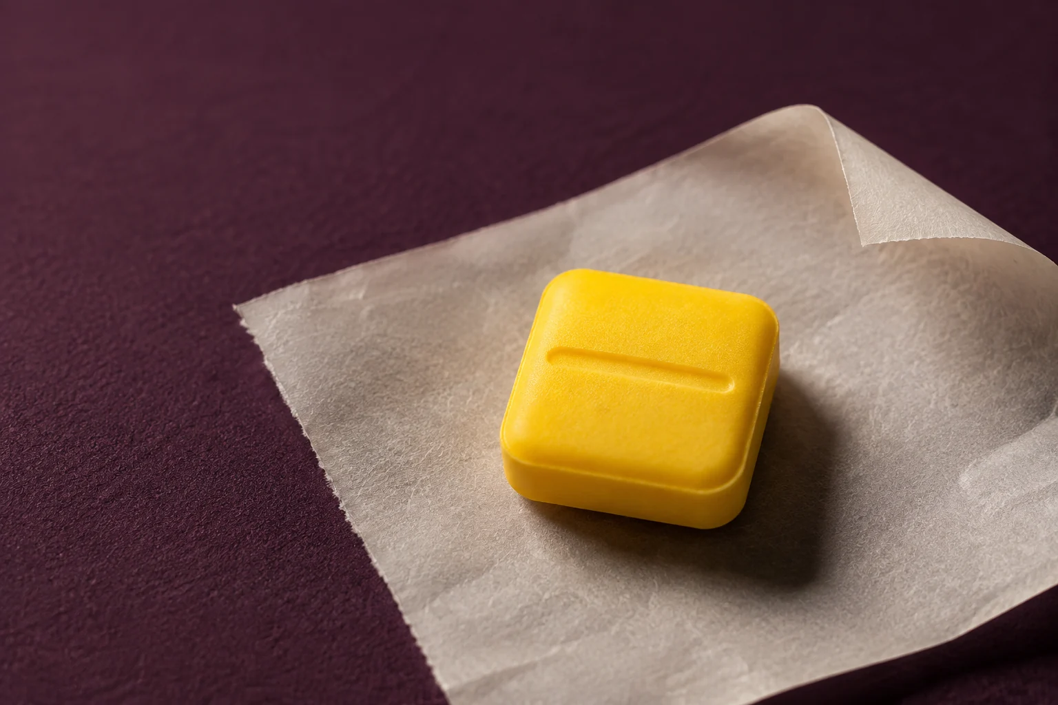 Reference-based illustration of a yellow square tablet with one score on ivory paper