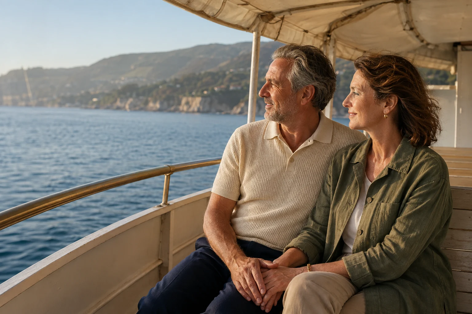 Mature couple enjoying the coastline together from a sheltered ferry deck