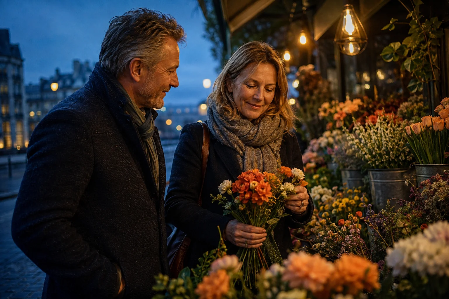 A mature couple choosing flowers together at an evening street stall