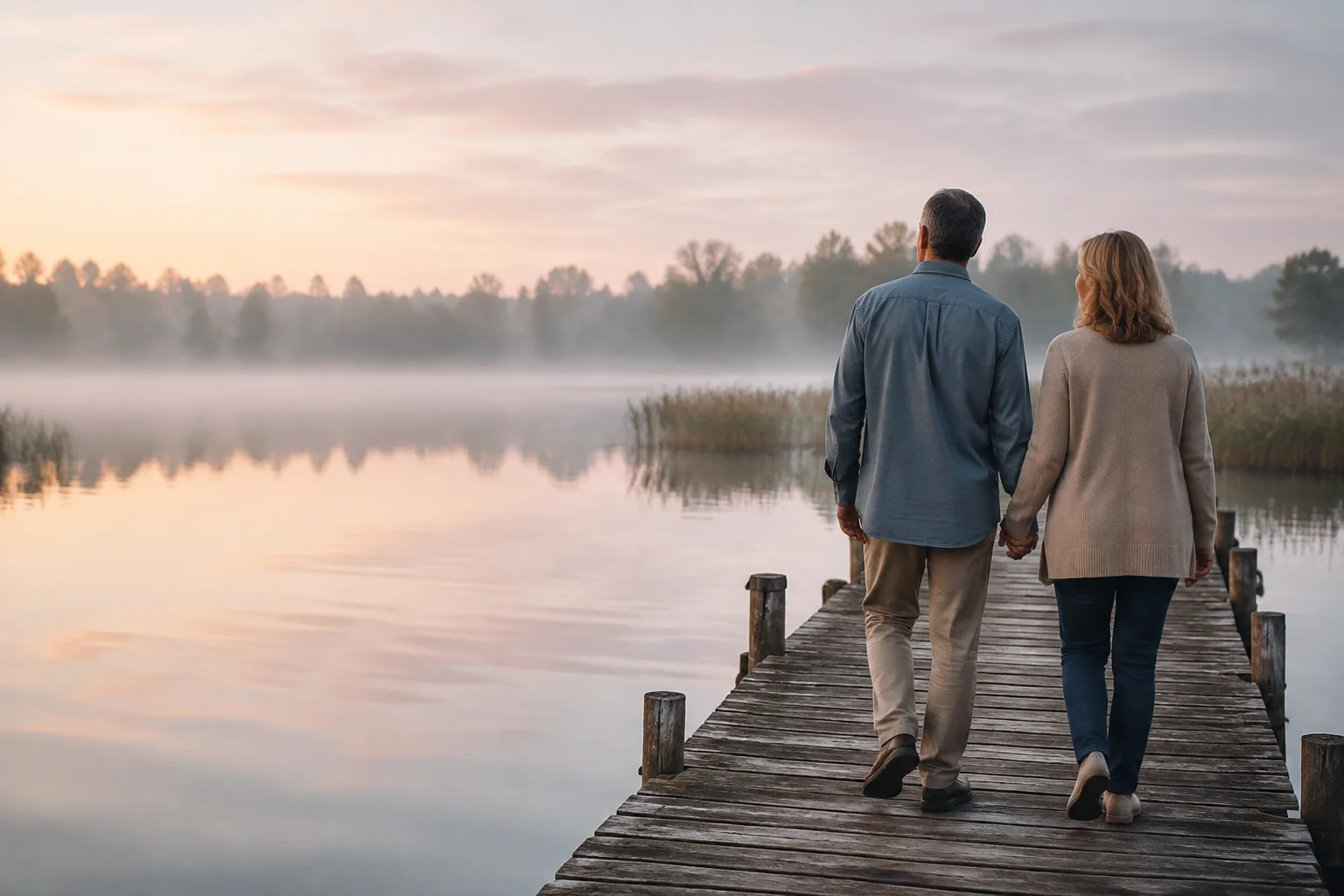 Two adults walking together along a quiet lakeside pier at dawn