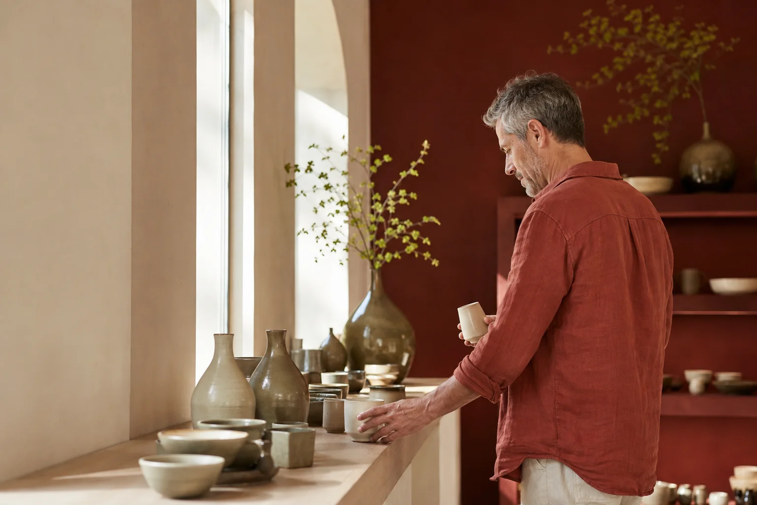 Man considering a ceramic cup in a sunlit shop with warm wood displays