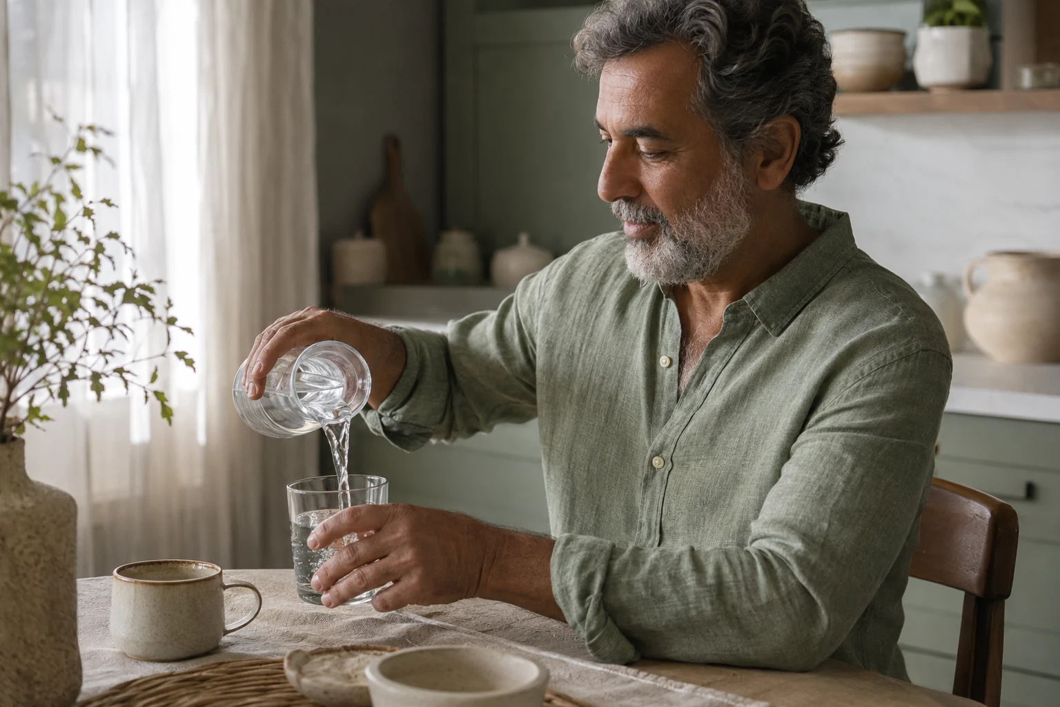Man pouring water from a clear carafe into a glass at a bright kitchen table