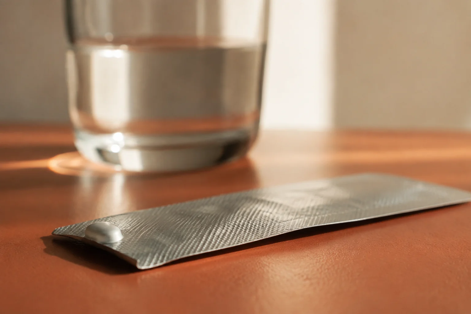 Editorial close-up of unbranded blister foil beside a glass of water.