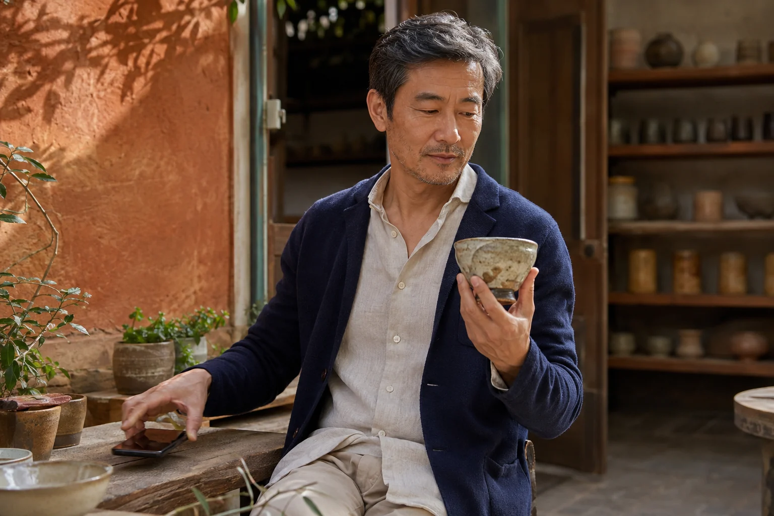 A man setting his phone aside while holding a handmade ceramic bowl in a sunlit pottery courtyard