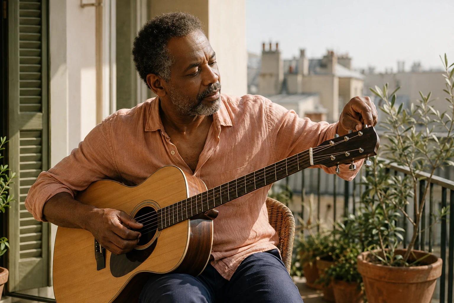 Mature man tuning an acoustic guitar on a sunlit balcony among potted plants