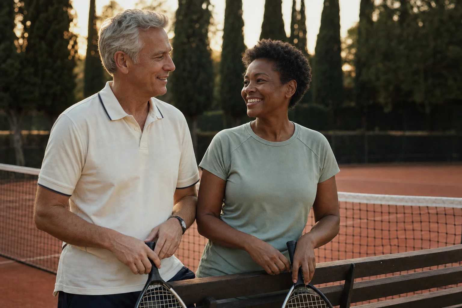 A mature couple smiling together beside a tennis court after a relaxed game