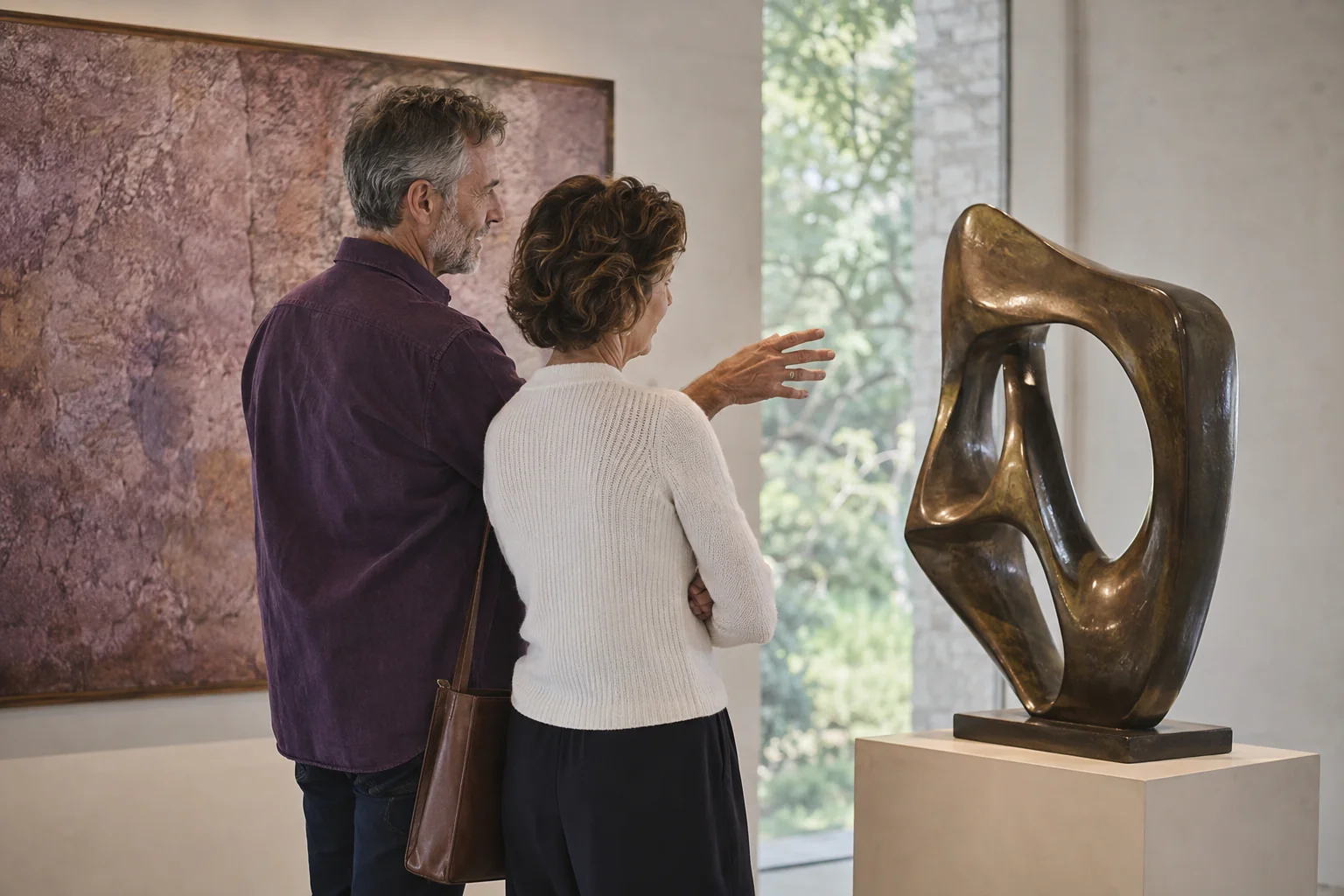 An adult couple discussing a bronze sculpture in a softly lit art gallery