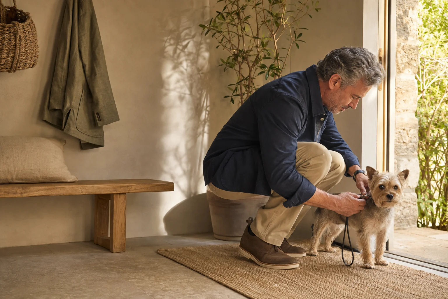 A man attaching a leash to his small dog beside a sunlit entrance