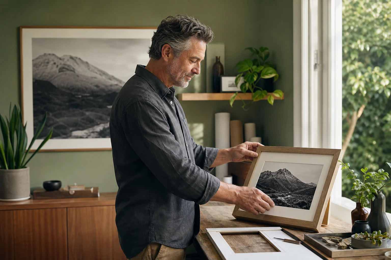 Man arranging a landscape photograph in an oak frame beside a sunlit window