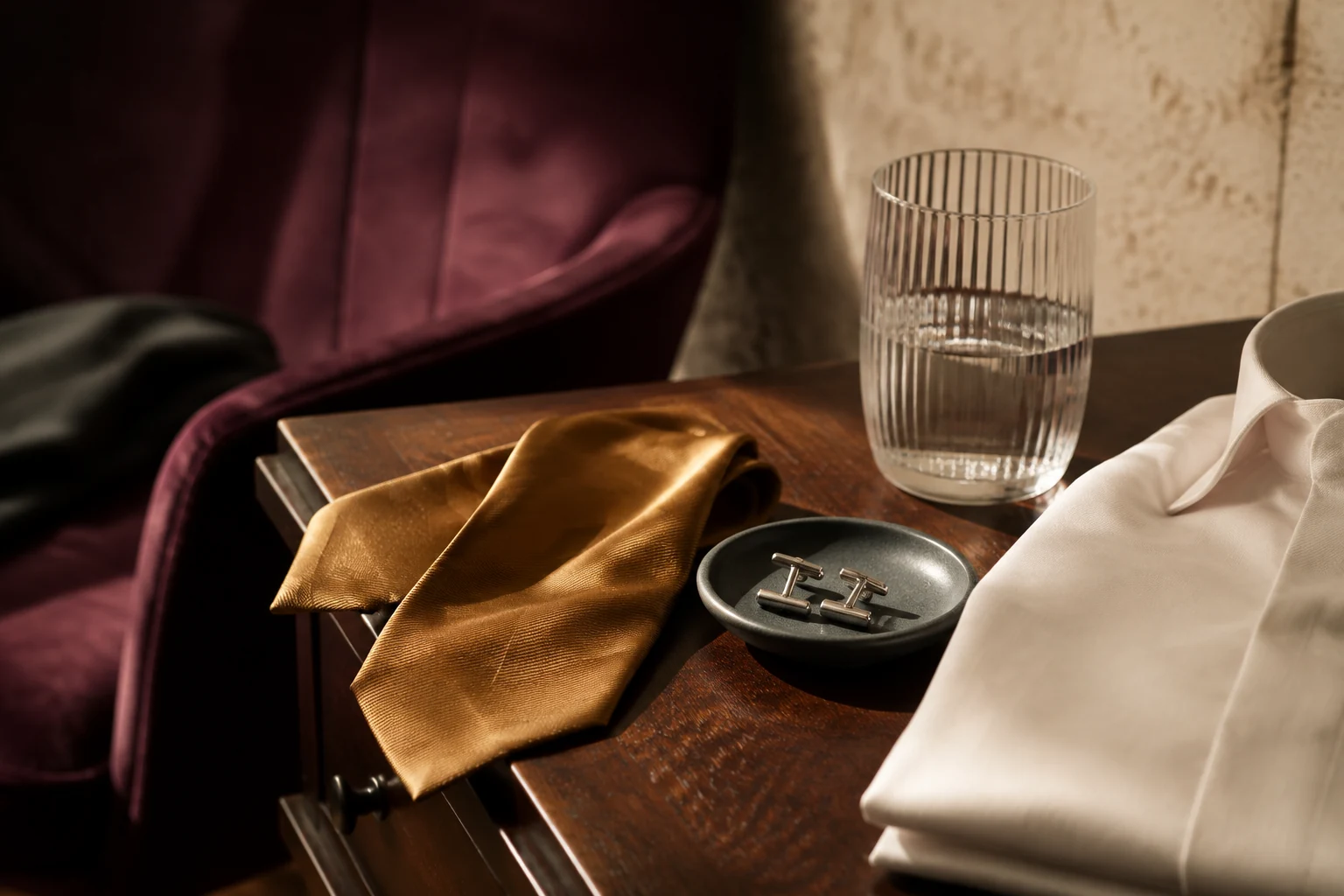 Ochre silk tie, silver cufflinks and a folded linen shirt on a walnut dresser