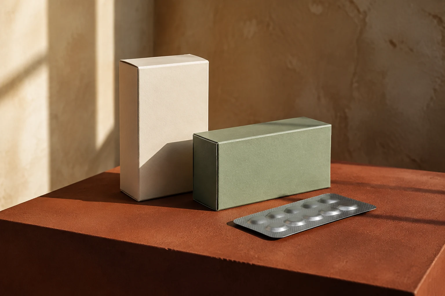 Unbranded ivory and sage cartons with a sealed silver blister on a terracotta pedestal
