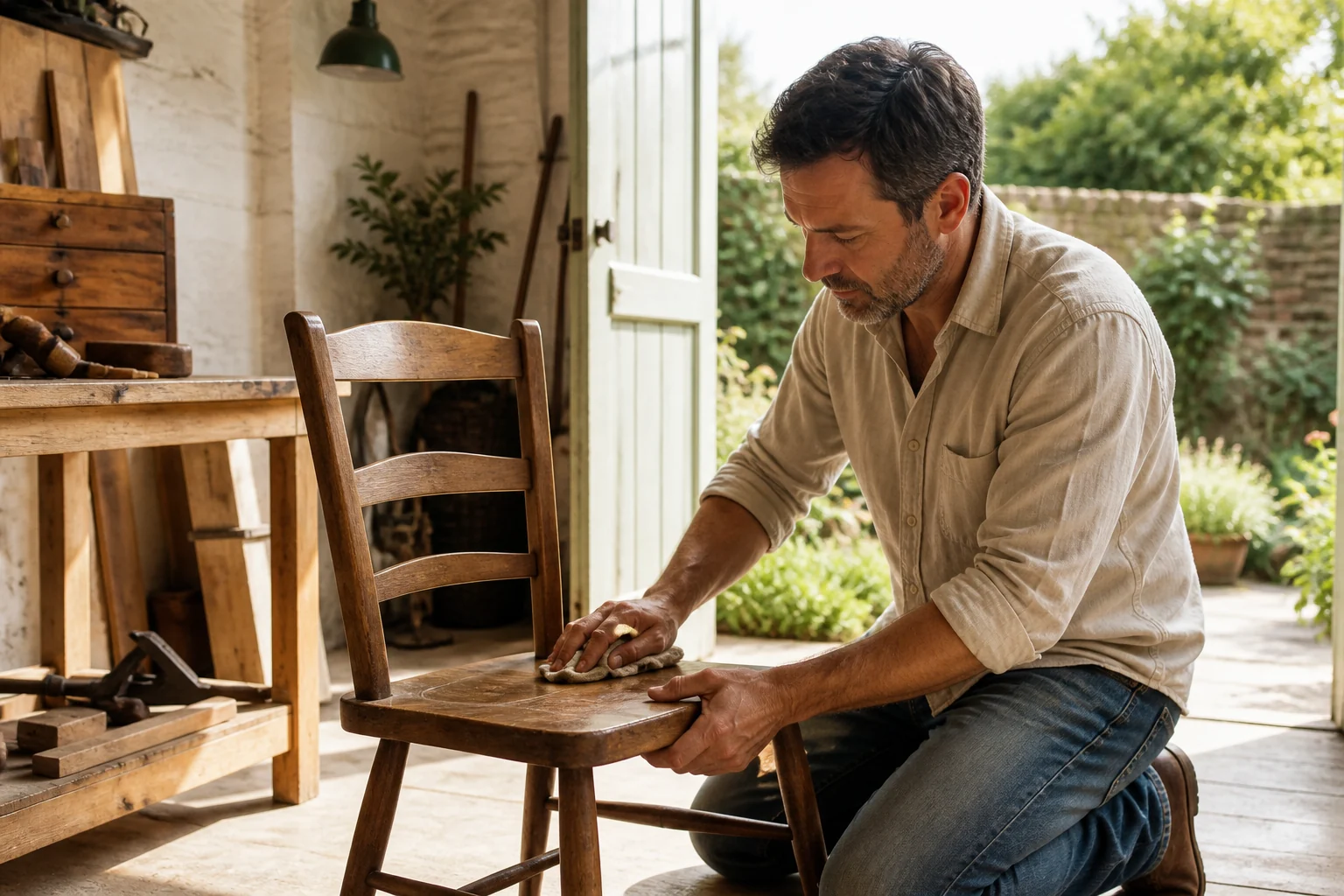 A man carefully restoring a wooden chair in a sunlit home workshop