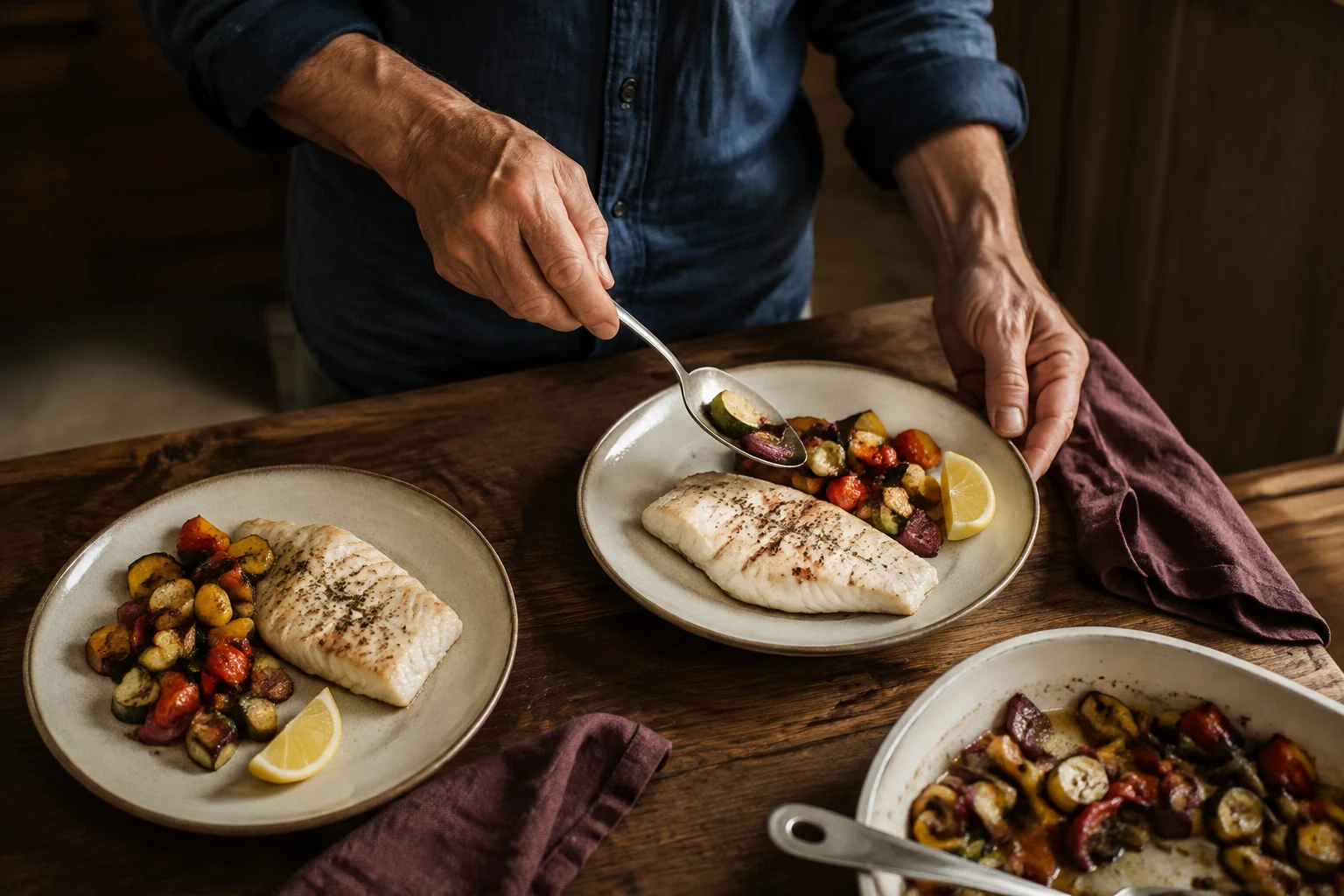 A man serving fish and vegetables onto two dinner plates