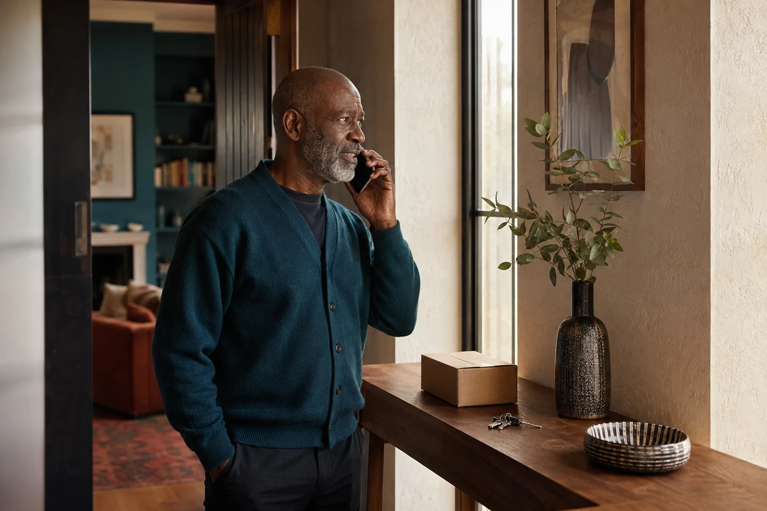 Man speaking on the phone beside a sealed parcel at his apartment entrance