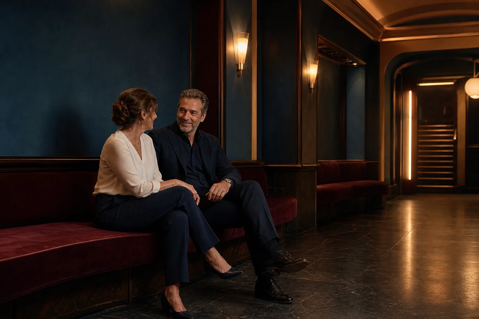 Adult couple talking quietly on a velvet bench in a warmly lit cinema foyer
