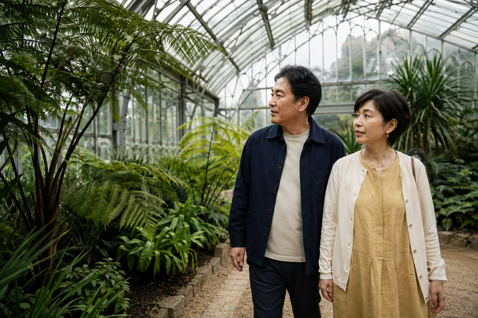 Mature couple exploring ferns together inside a sunlit botanical glasshouse