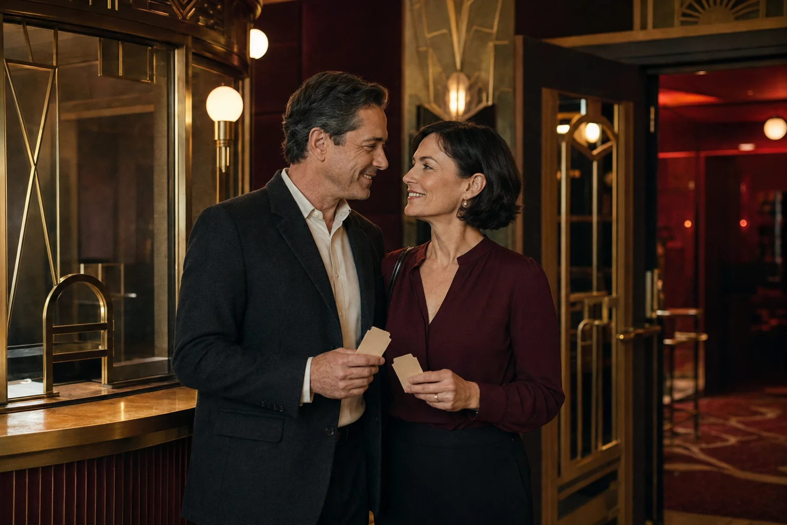 Mature couple enjoying a quiet moment in an art-deco cinema foyer