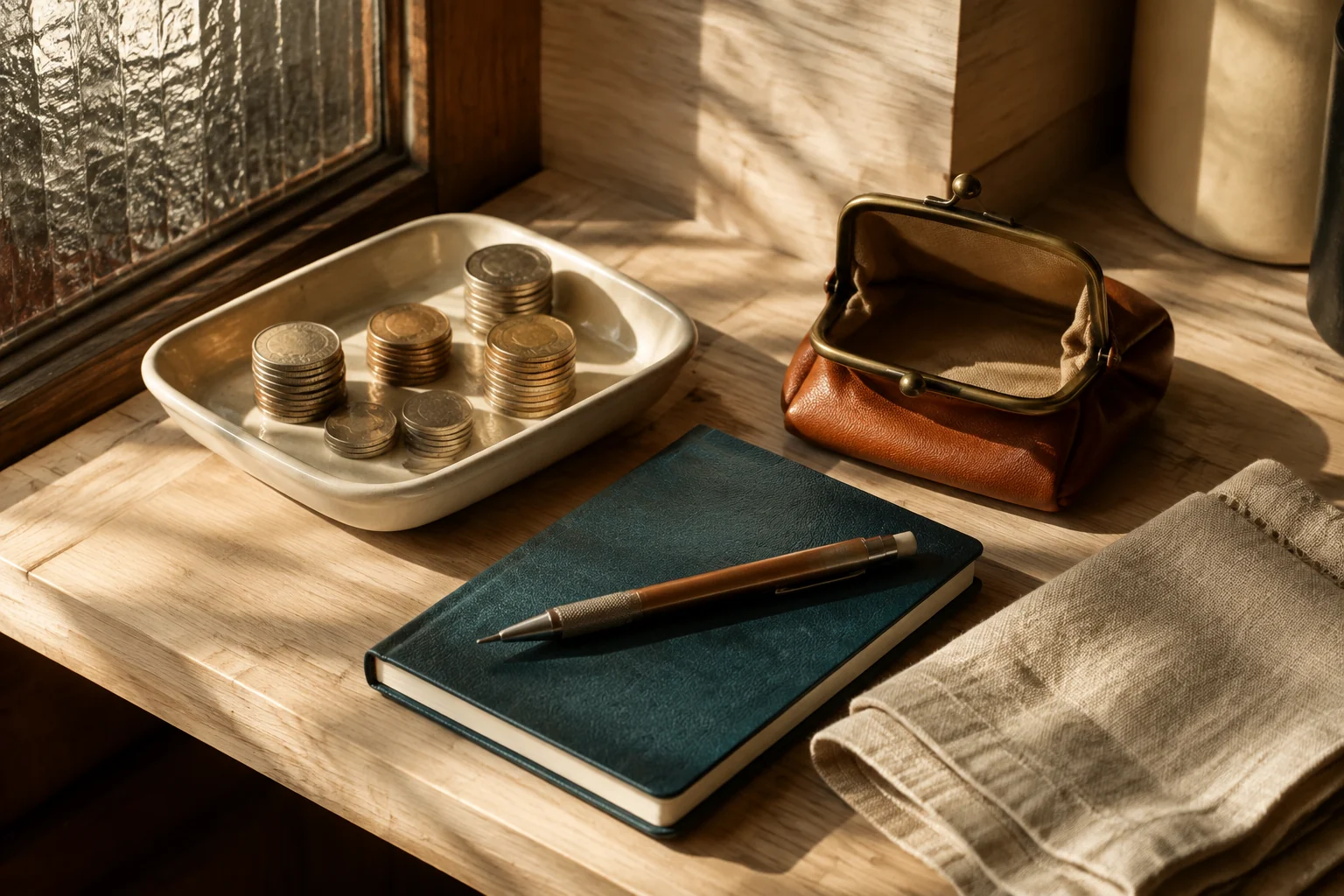 Coin purse, stacked coins and a teal notebook arranged for household budgeting