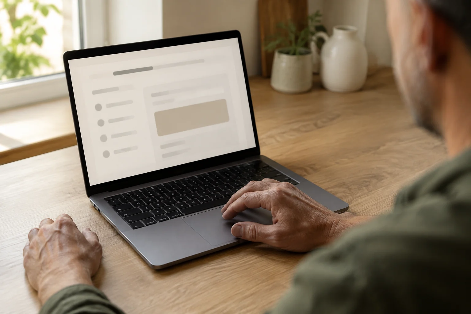 Editorial scene of an adult using a laptop beside a bright window.