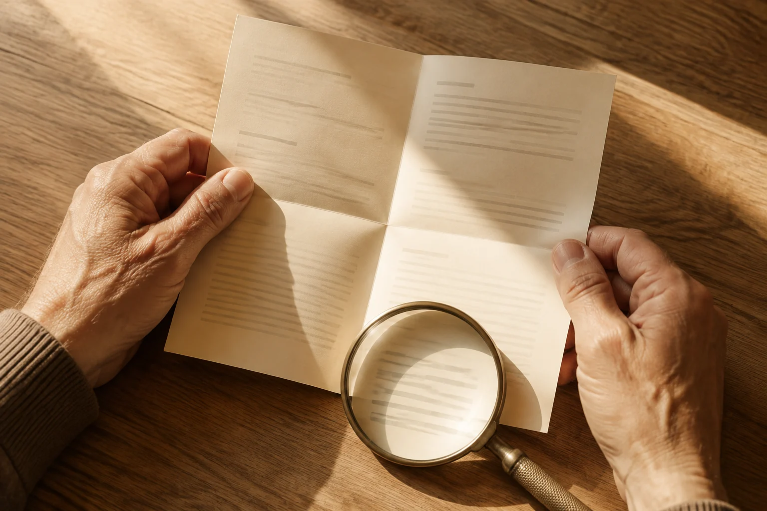 Hands reading a folded leaflet with a magnifying glass on a wooden table