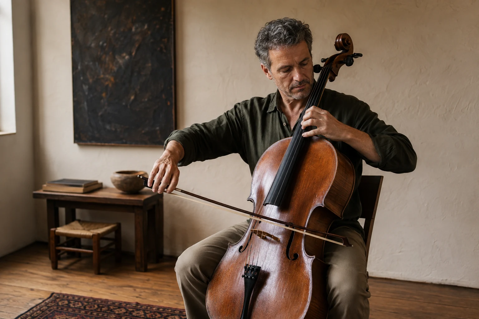 A man playing a wooden cello in a softly lit room