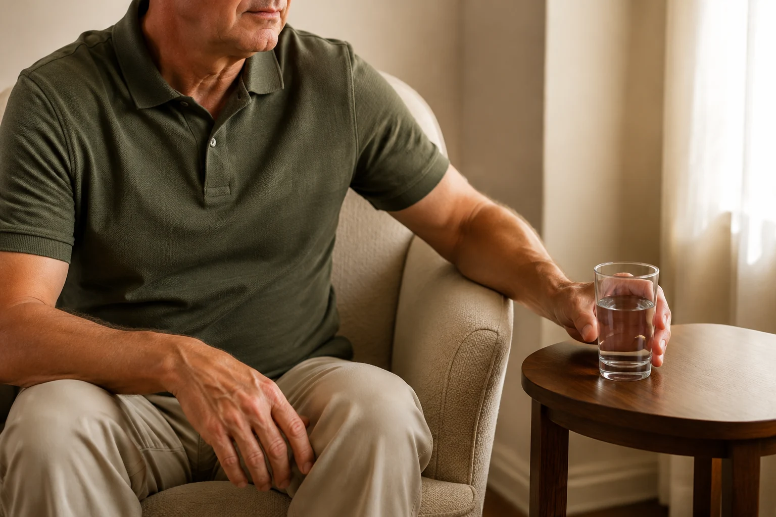 A man in an olive polo shirt placing a glass of water on a side table