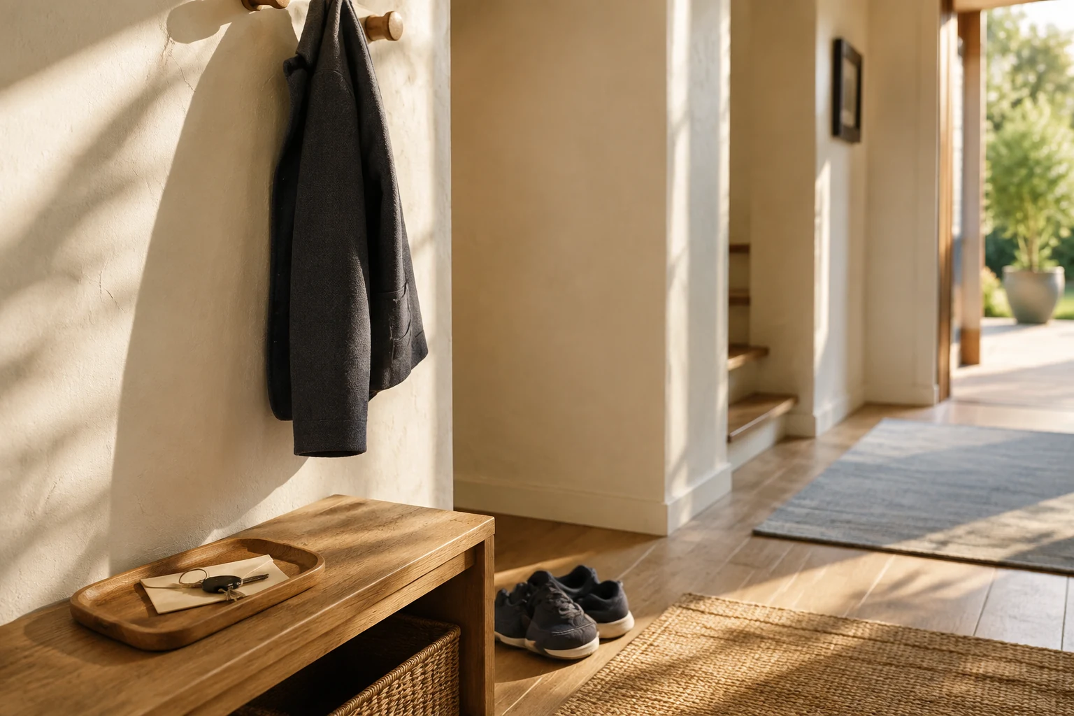 Keys and a jacket beside a sunlit home doorway