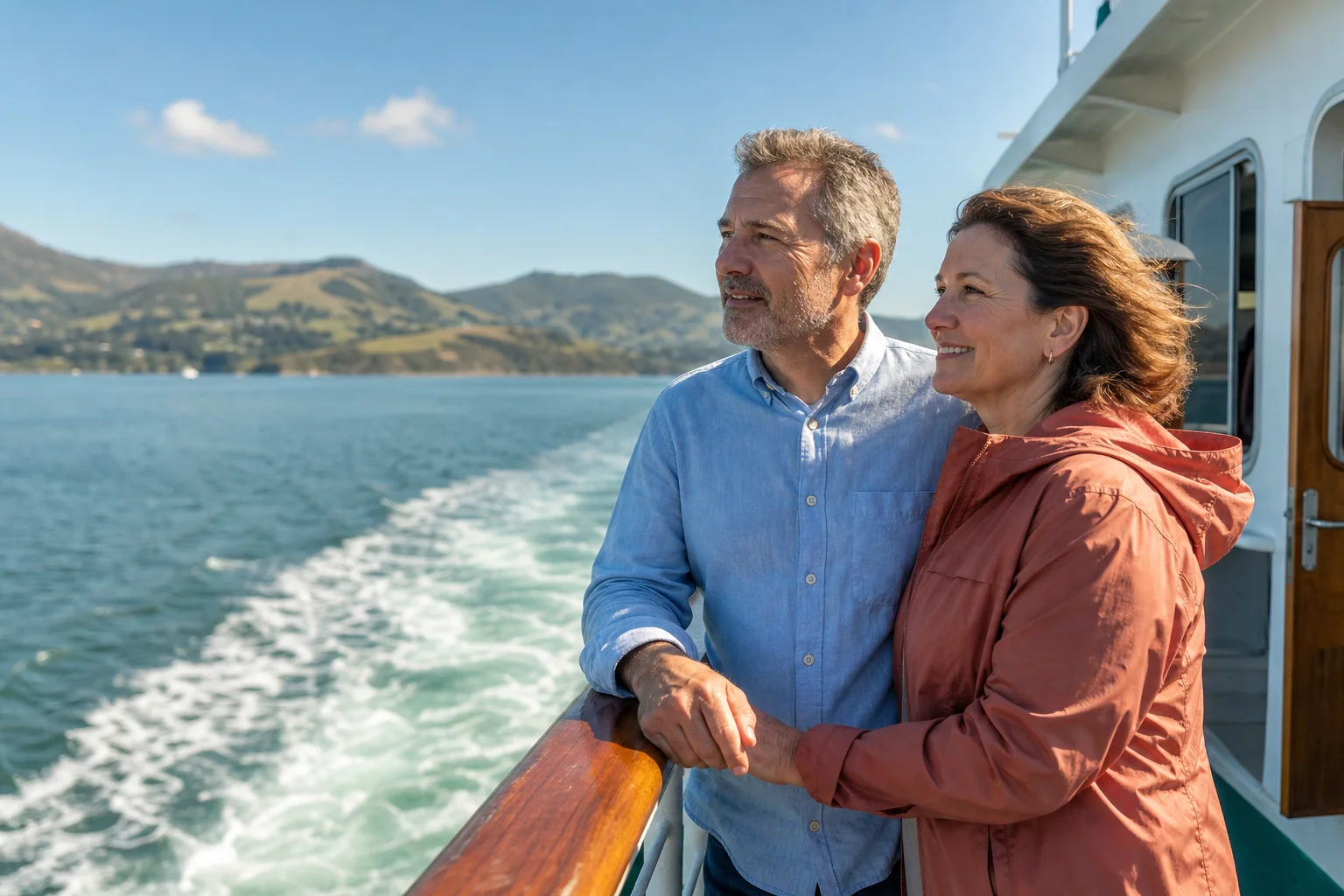 An adult couple enjoying the water from the deck of a coastal passenger ferry