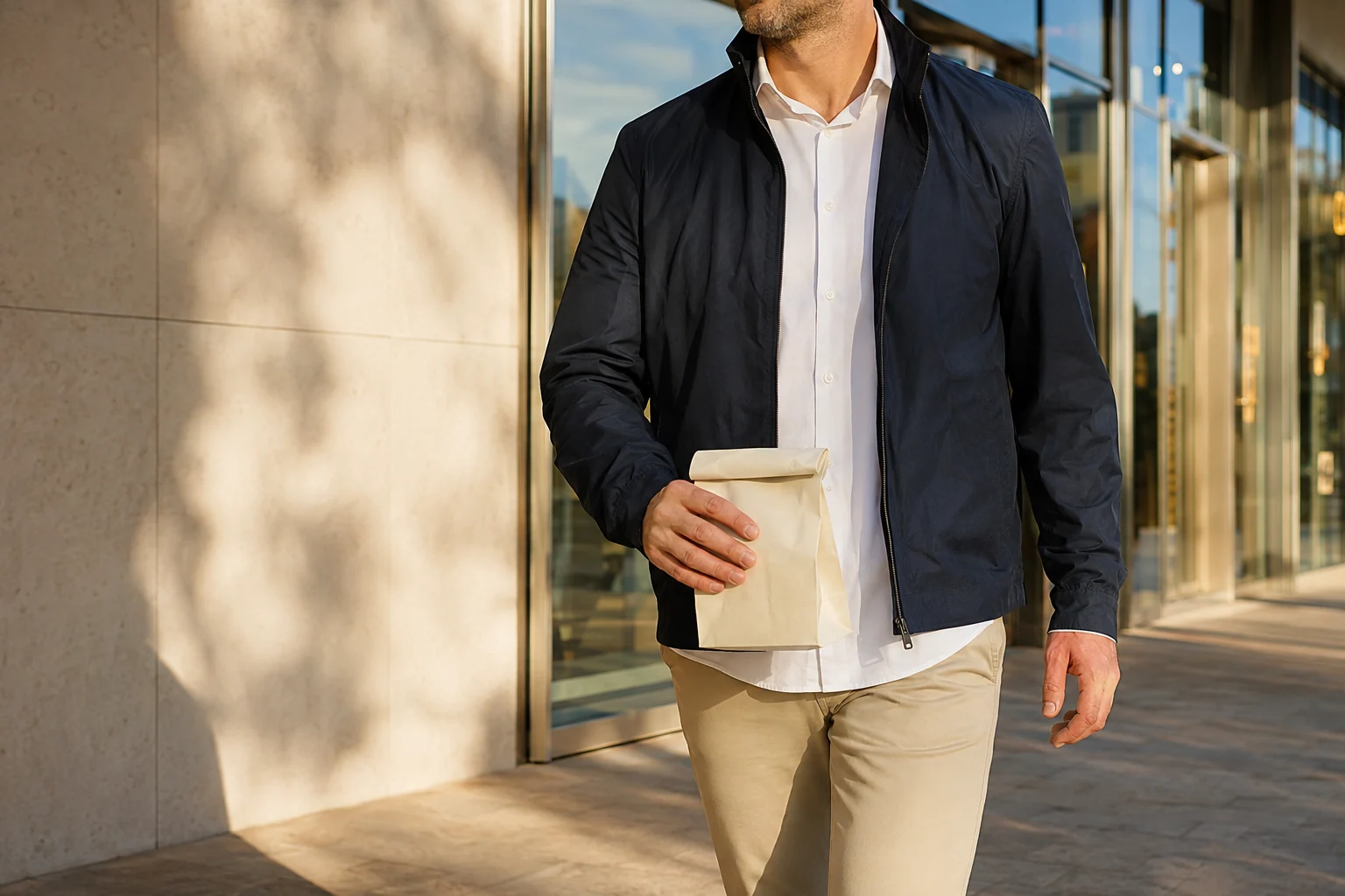 Man carrying a small unmarked paper bag through a sunlit shopping arcade
