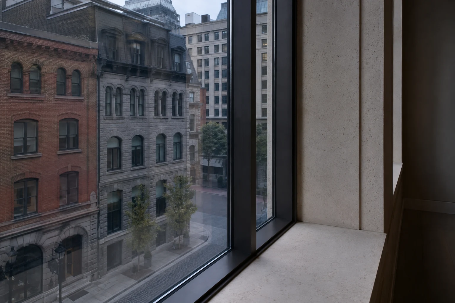 City buildings seen through a tall window with soft reflections on the glass