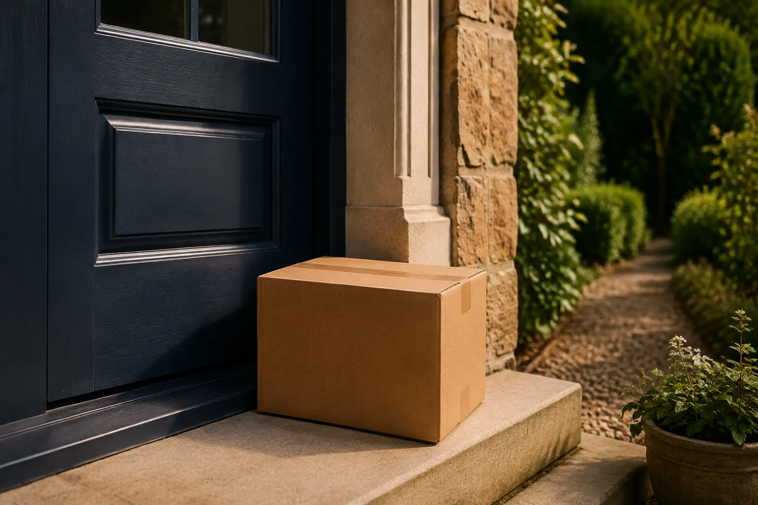 Plain sealed delivery parcel on a sheltered doorstep beside a navy front door