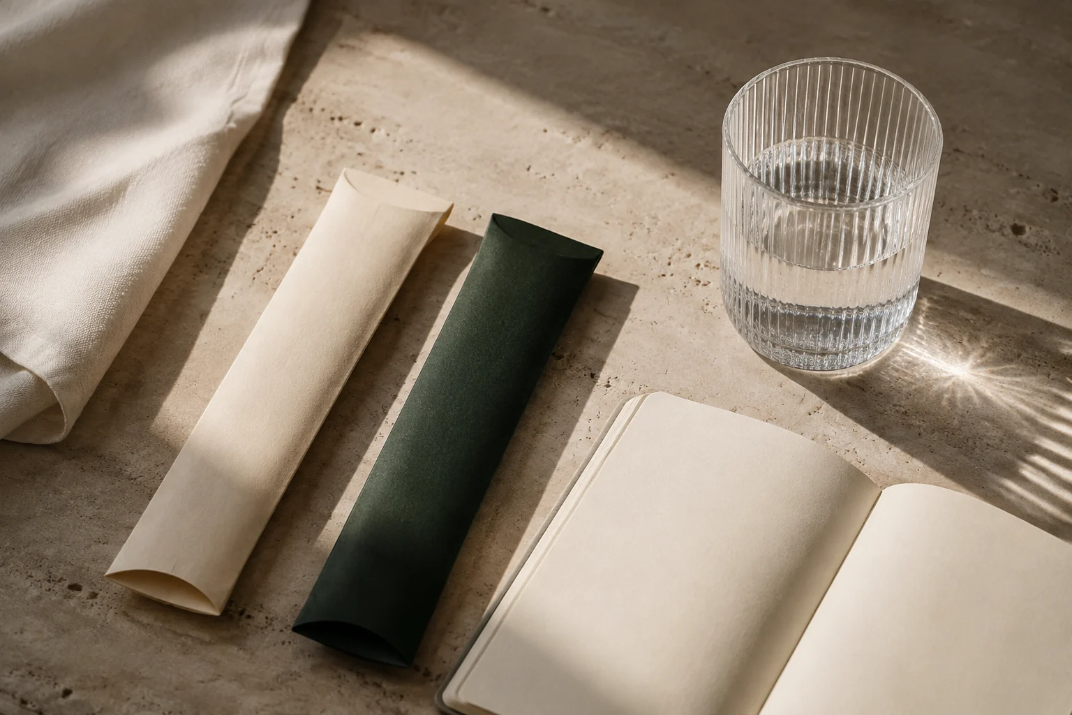 Cream and forest-green paper sleeves beside a glass of water and an open notebook