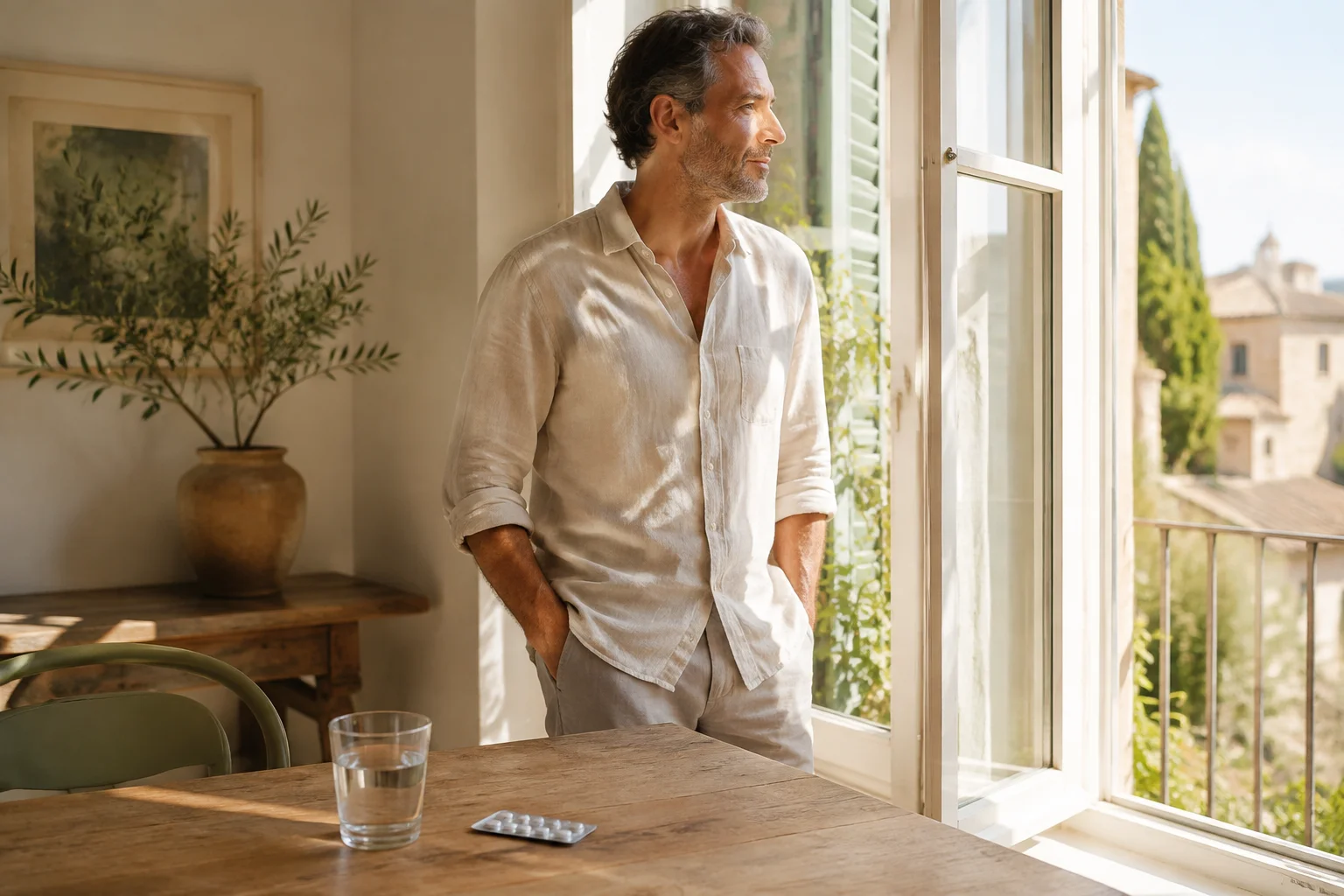 Man enjoying morning light by an open window, with water and an unopened medicine blister on the table