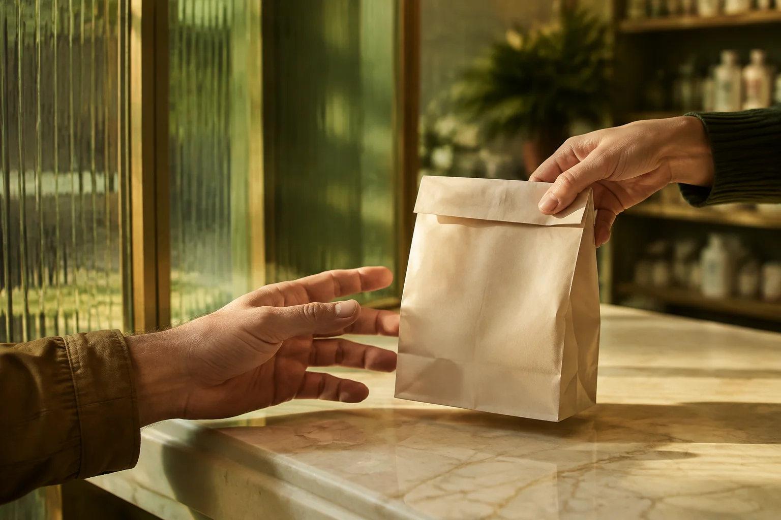 Hands collecting a closed paper pharmacy bag at a softly lit counter