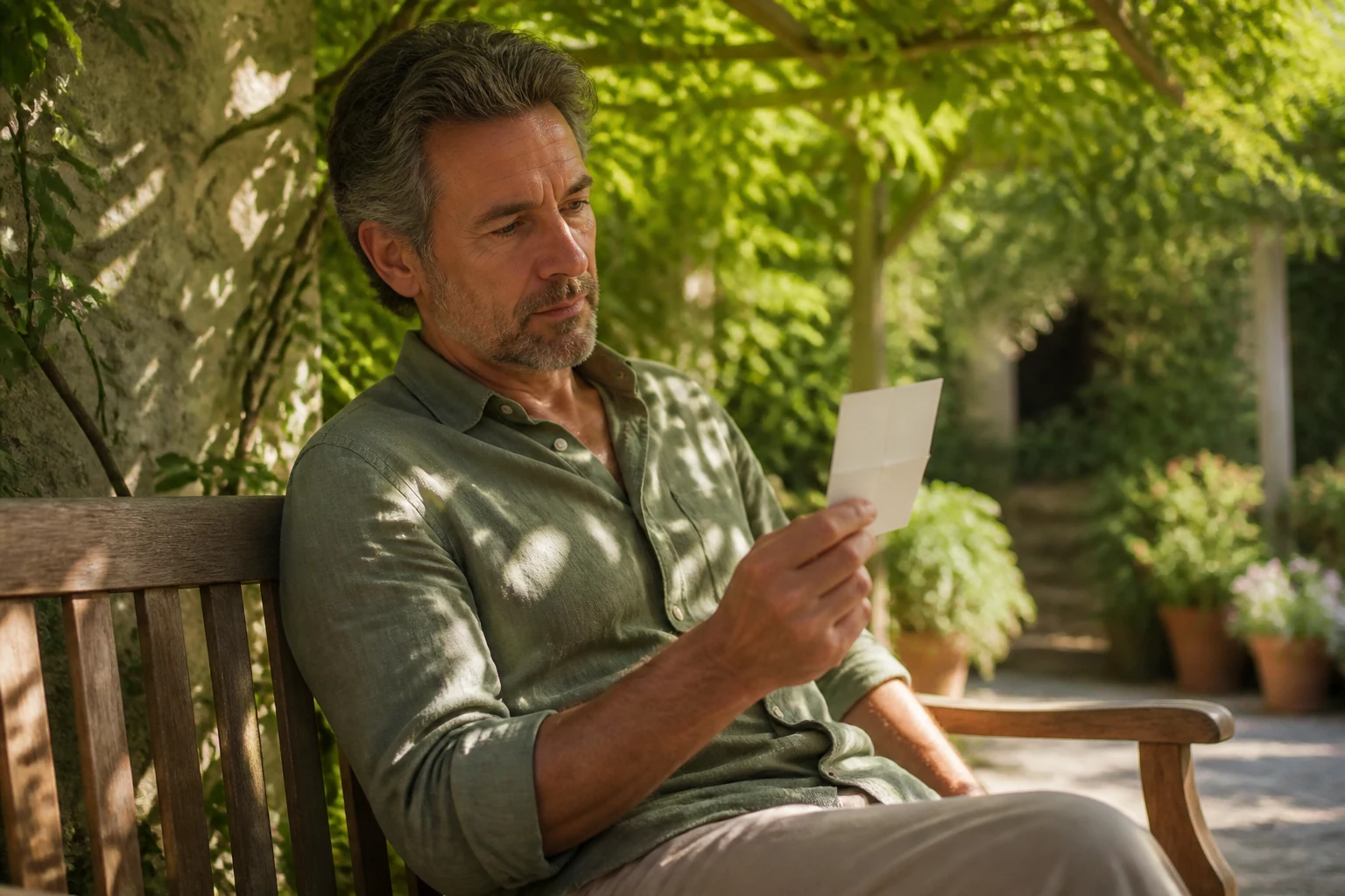 Man seated on a garden bench considering a short note