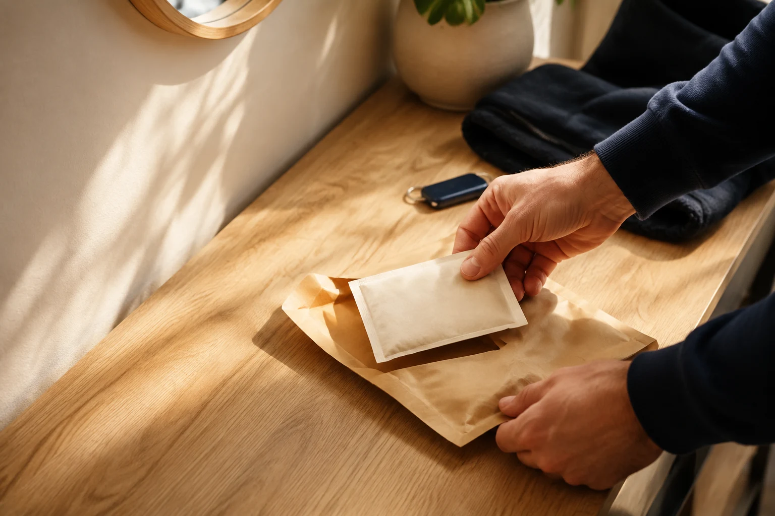 Hands unpacking a plain paper packet from a mailing envelope at a sunlit home console